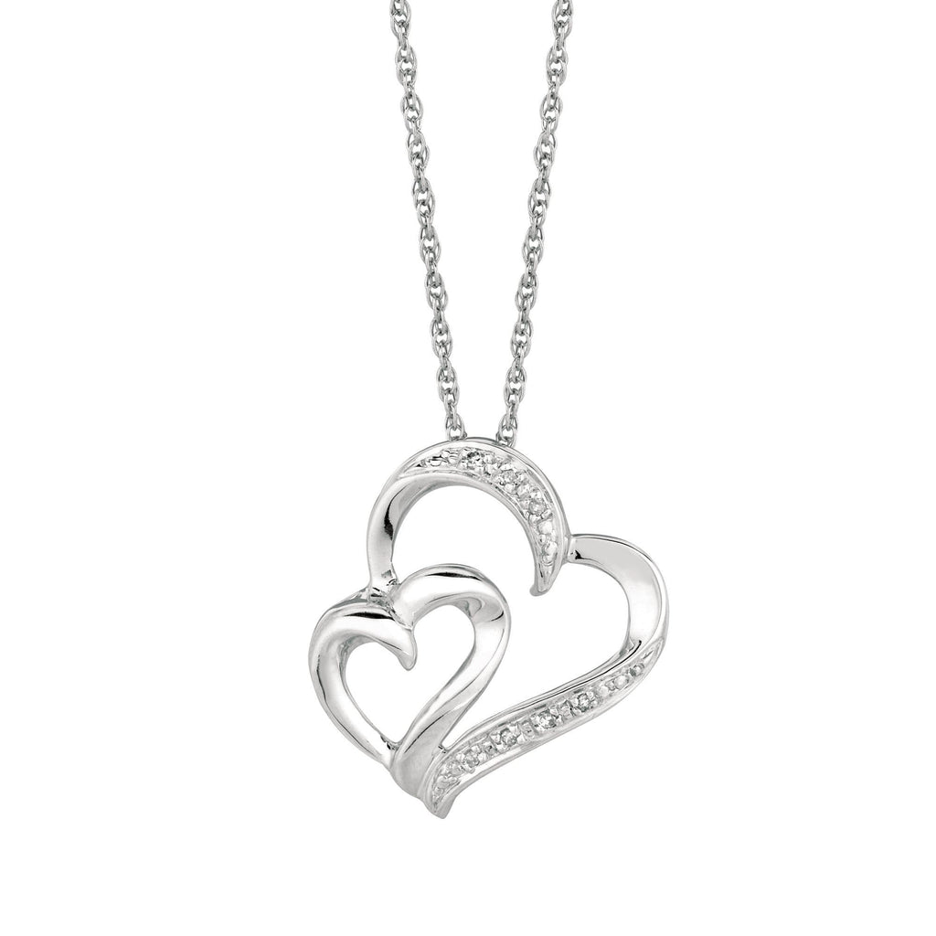 Silver 18 inches Rhodium Finish Shiny 1.1mm Cable Chain with Lobster Clasp+0.03Ct White Diamond One Small+One Large Open Heart Pendant (5688356536475)