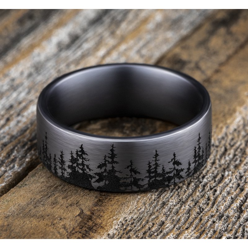8mm Grey Tantalum Treeline Pattern Wedding Band (9039387164902)
