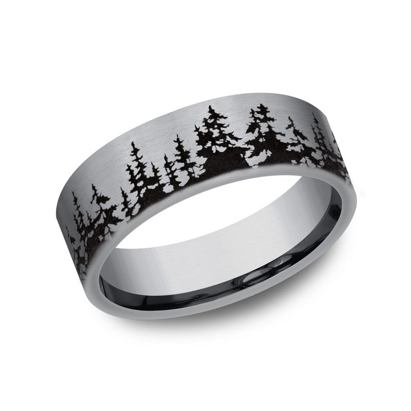8mm Grey Tantalum Treeline Pattern Wedding Band (9039387164902)
