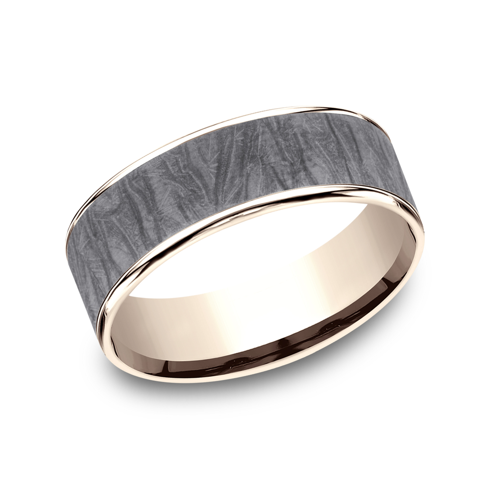 7.5mm 14K Rose Gold and Grey Tantalum Fabric Flow Texture Wedding Band (9039387820262)