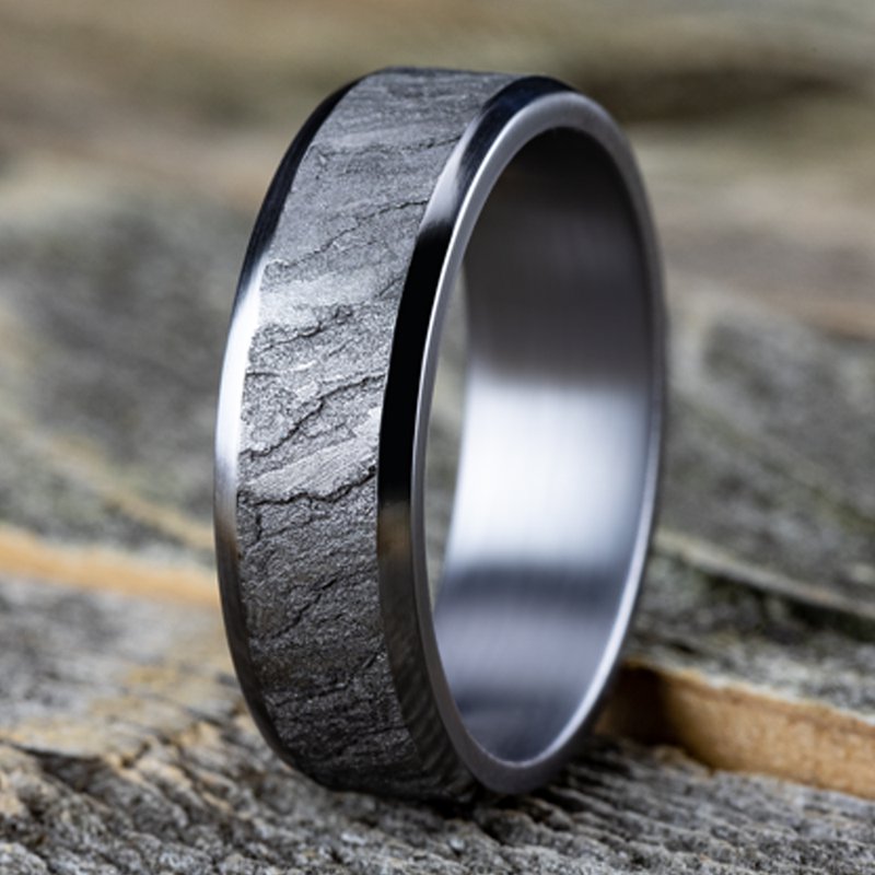 7mm Grey Tantlaum Lava Rock Texture Wedding Band (9039387099366)