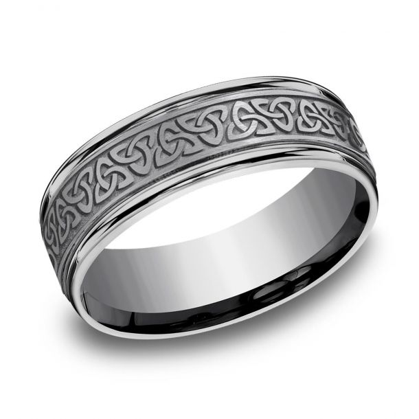 7mm Grey Tantalum Celtic Triangle Knot Pattern Wedding Band (9039387427046)