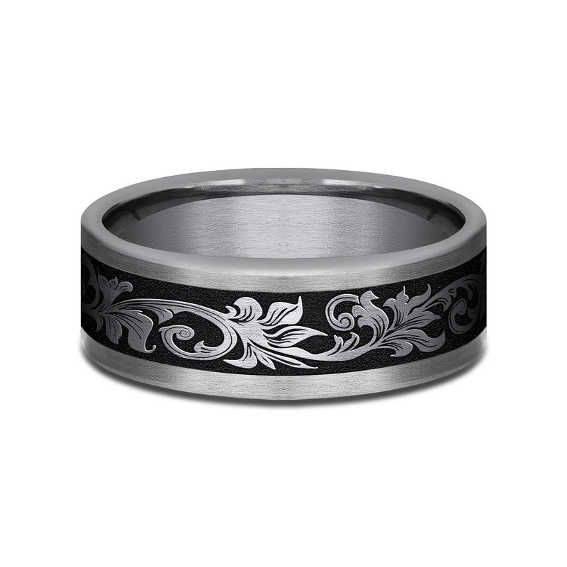8mm Black Titanium and Grey Tantalum Script Pattern Wedding Band (9039386706150)