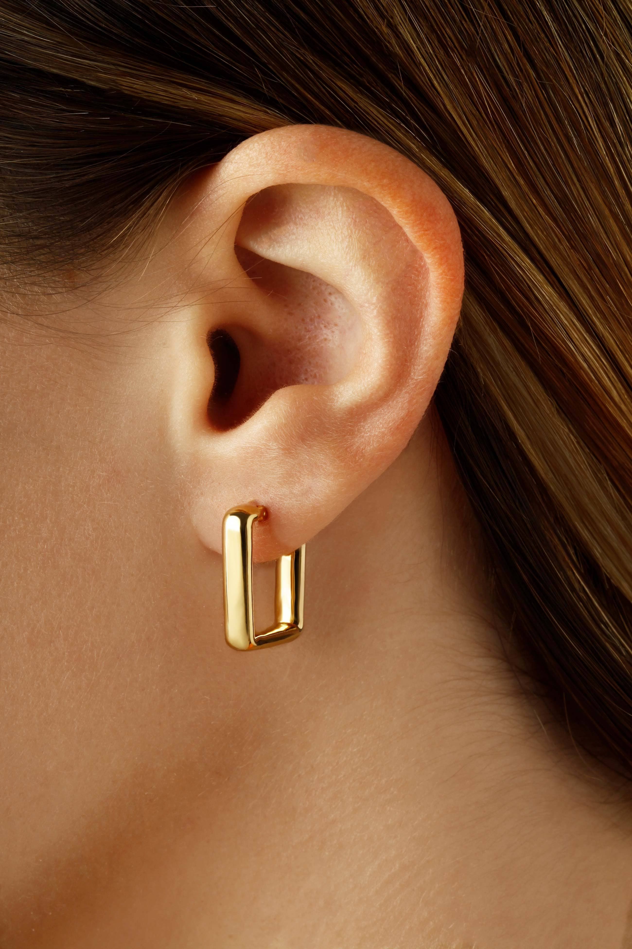 thumbnail image 2 of Clip-On Square Link Hoop Earrings – Gold Tone, Smooth Finish, For Non-Pierced Ears 2 of 5