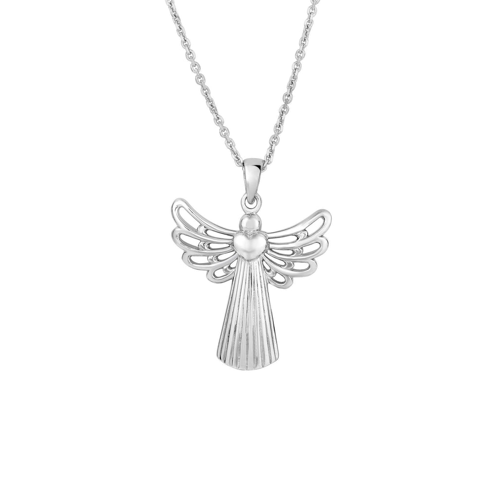 Silver with Rhodium Finish 31X24mm Open Wing Angel Fancy Pendant On 18 inches Silver 1.4mm Cable Chain with Lobster Clap (5688358011035)
