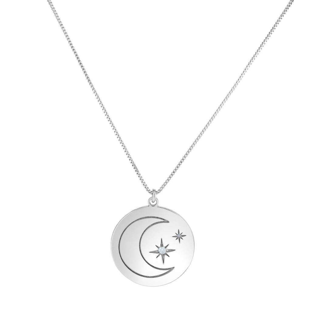 Silver 18 inches with Rhodium Finish 20.7mm(CE),0.7mm(Ch) Polished Round 2 inches Extender Star & Moon Necklace with Lobster Clasp with 0.0300ct 2mm White Diamond (5688357388443)