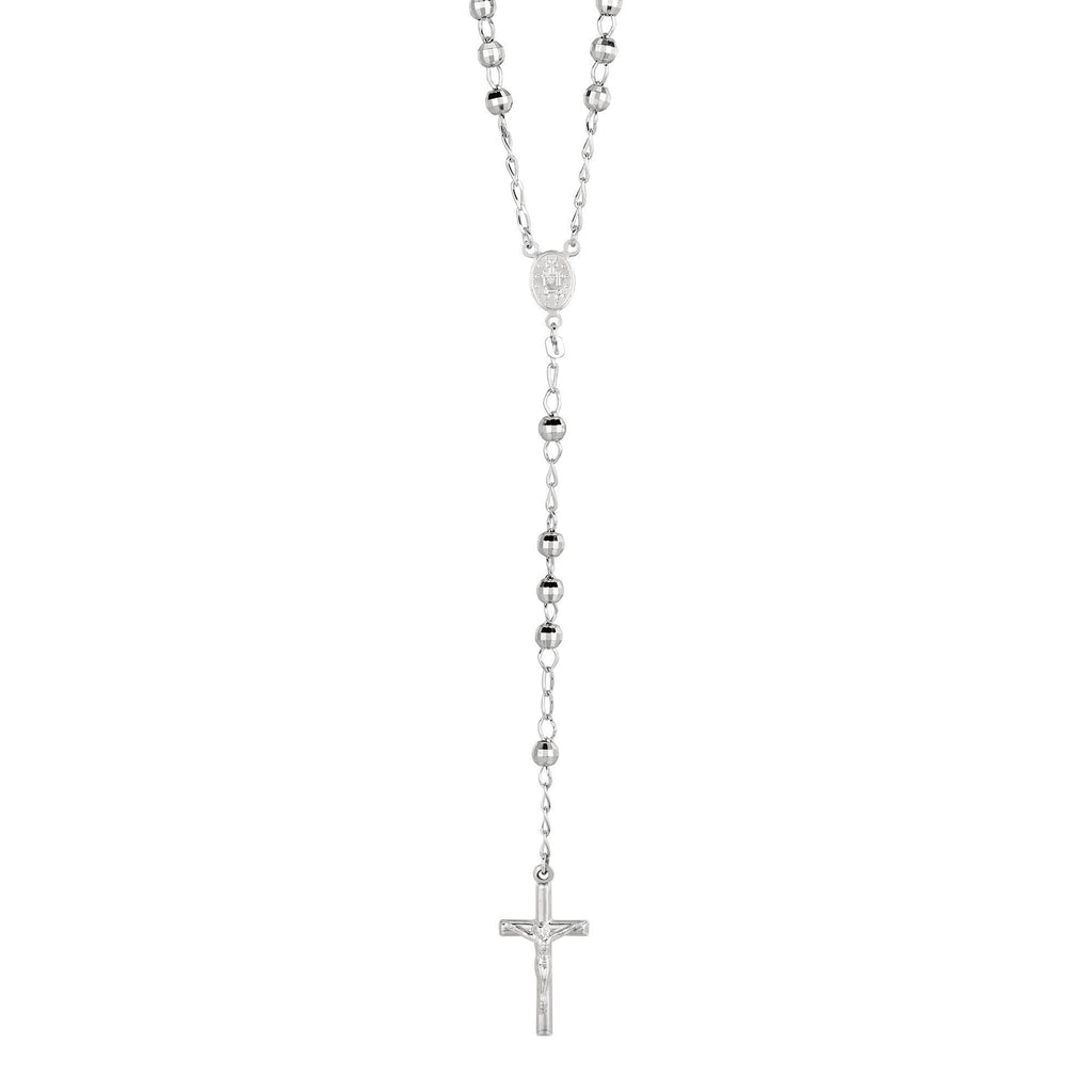 Silver 26 inches with Rhodium Finish 5mm Shiny Diamond Cut Rosary Bead+Chain Link Necklace+Cross Pendant with Figurine (5688356896923)
