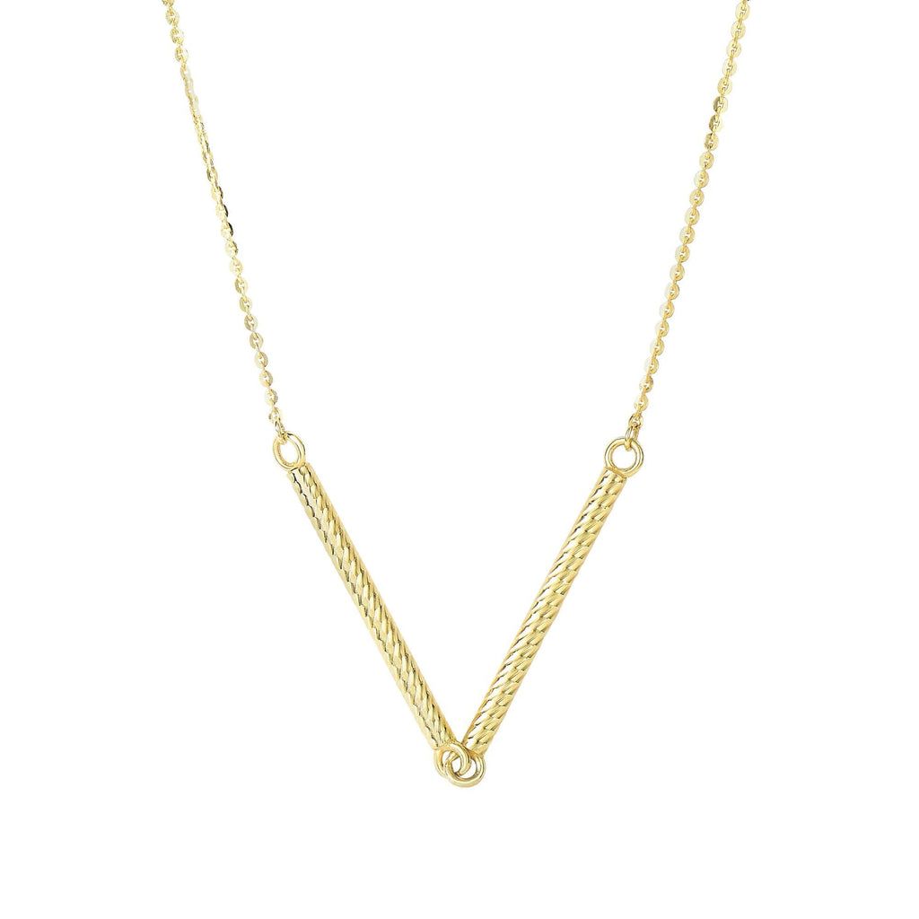 14kt 18 inches Yellow Gold Shiny 2-1.7x25mm Long Textured Sideways Cylinder Shape Station On 0.87mm Diamon d Cut Cable Chain Type Necklace with Spring Ring C (5688355553435)