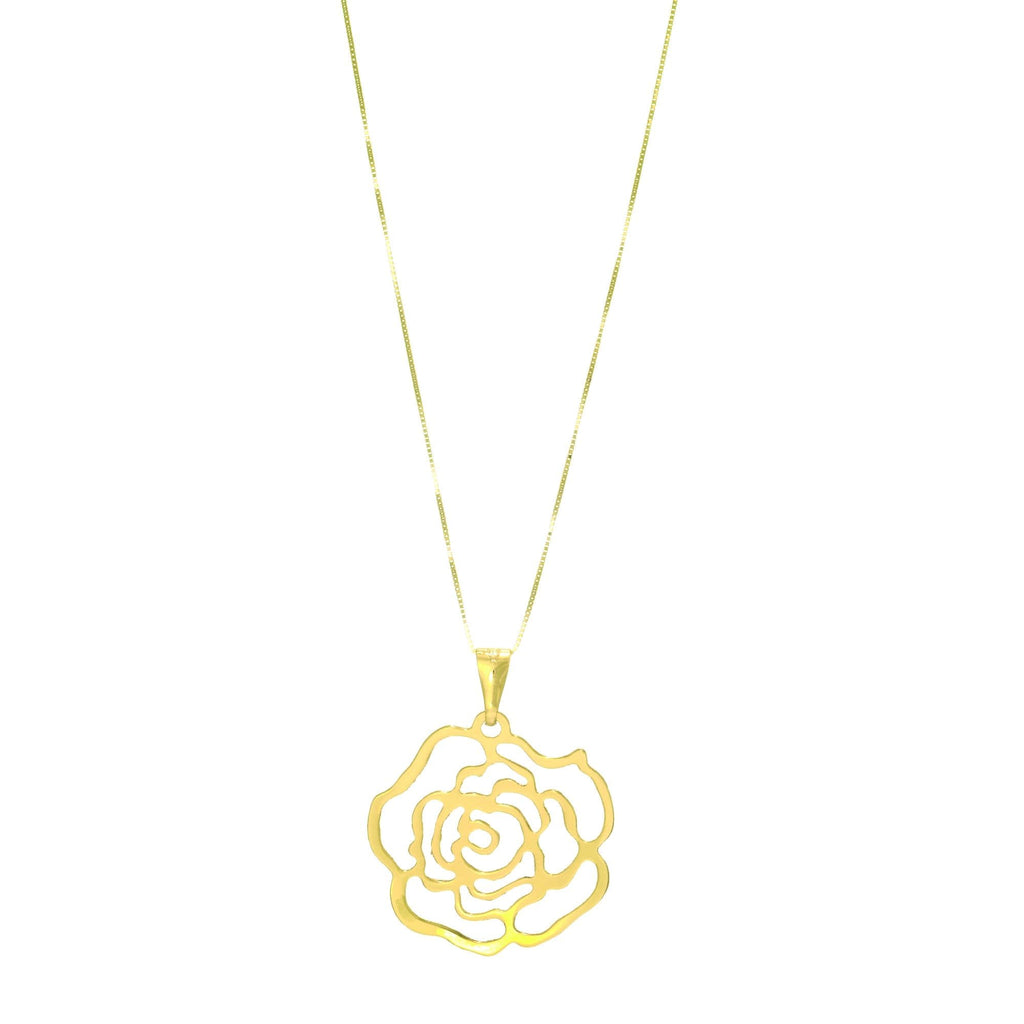 14kt Yellow Gold Shiny 26mm Fancy Rose Pattern On 14kt 18 inches Yellow Gold 0.6mm Classic Box Chain with Spring Ring Clasp (5688353587355)