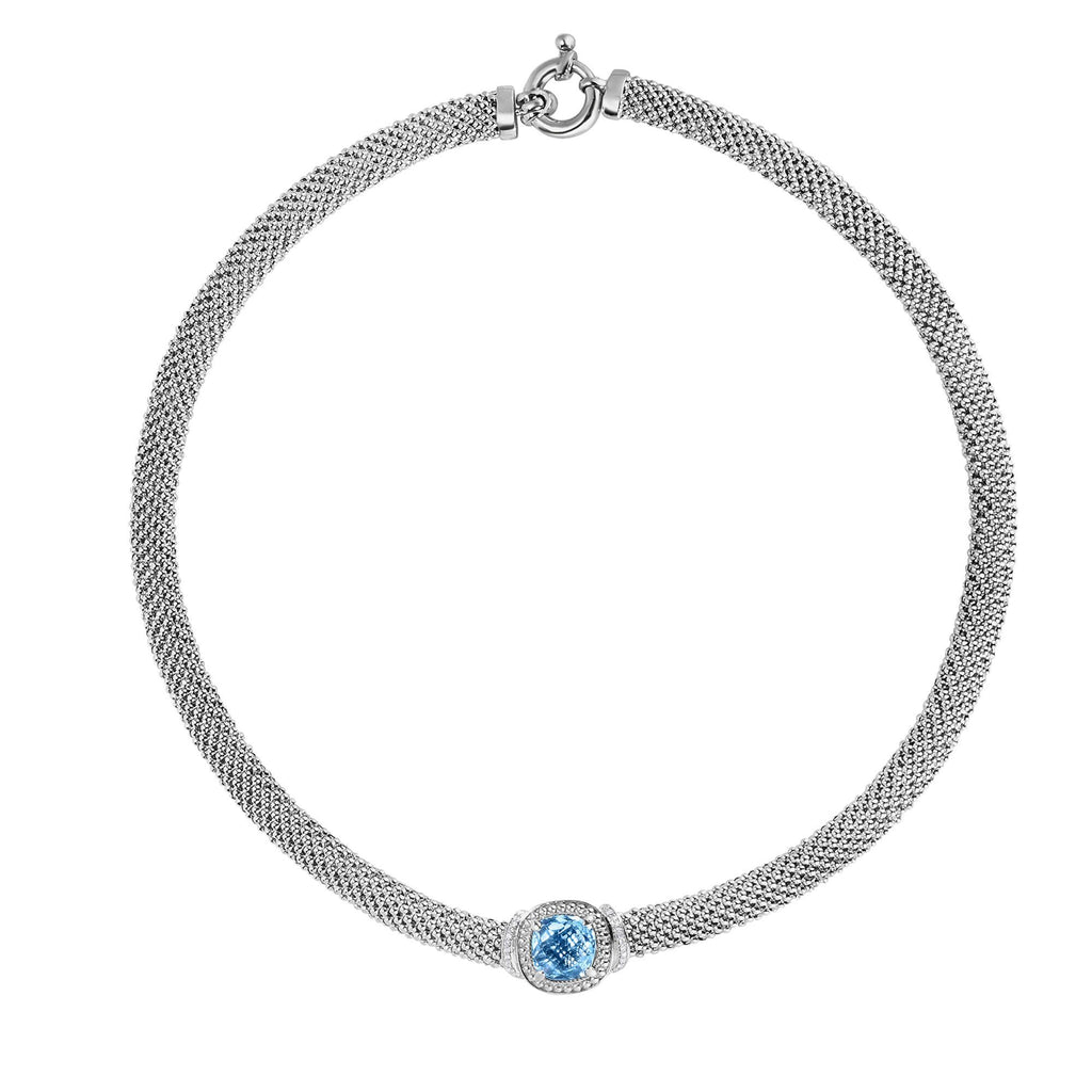 Sterling Silver 17 inches with Rhodium Finish 8mm Shiny Fancy Popcorn Necklace with Spring Ring Clasp+0.1100ct White Diamond+5.1800ct 10x10mm Cushion Blue Topaz (5688352571547)