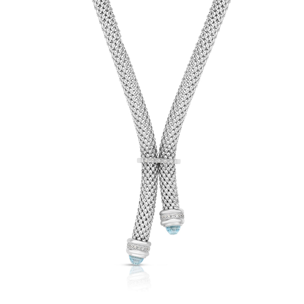 Sterling Silver 18 inches with Rhodium Finish 7mm Shiny Dome Lariat Popcorn Length Necklace with Giant Spring Ring Clasp with 0.0950ct 1mm White Diamond+ Round Blue Topaz (5688352833691)