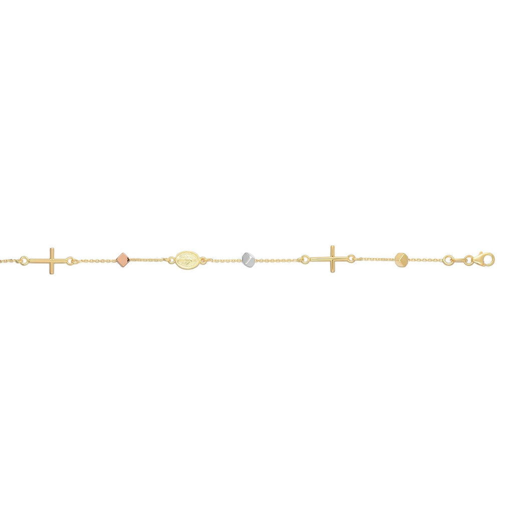 14K Tri-color Gold Polished Cube & Cross Bracelet (8210050646246)