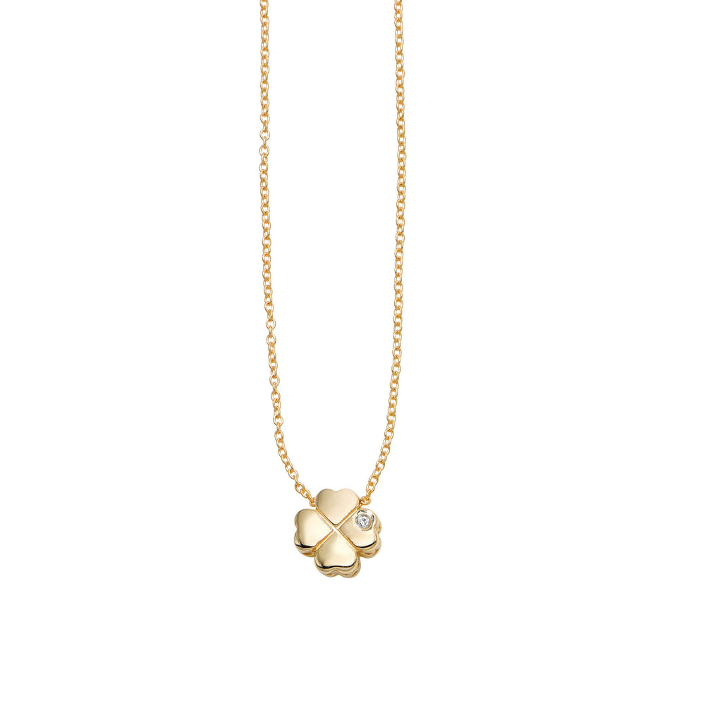 14kt Gold 18 inches Yellow Finish 7mm(CE),0.8mm(Ch) Polished 2 inches Extender 4 Leaf Clover Necklace with Lobster Clasp with 0.0050ct 1mm White Diamond (5688349819035)