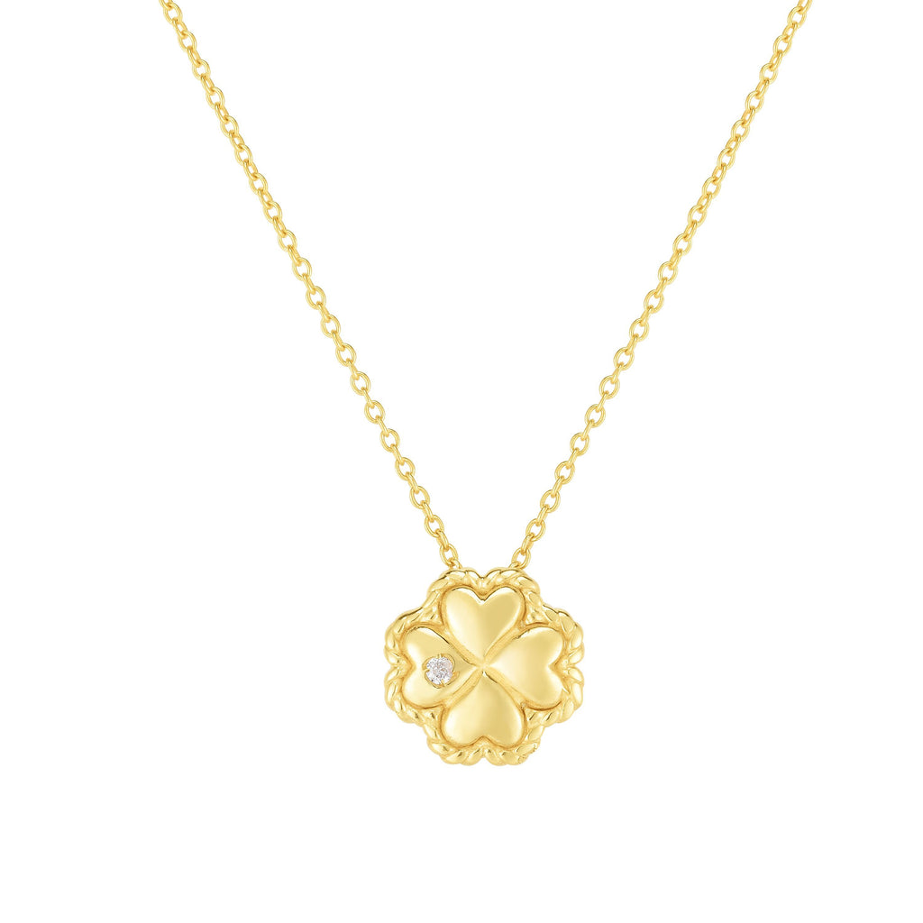 14kt Gold 18 inches Yellow Finish 9mm(CE),0.8mm(Ch) Polished with 2 inches Extender Clover Necklace with Lobster Clasp with 0.0100ct 1.3mm White Diamond (5688349130907)