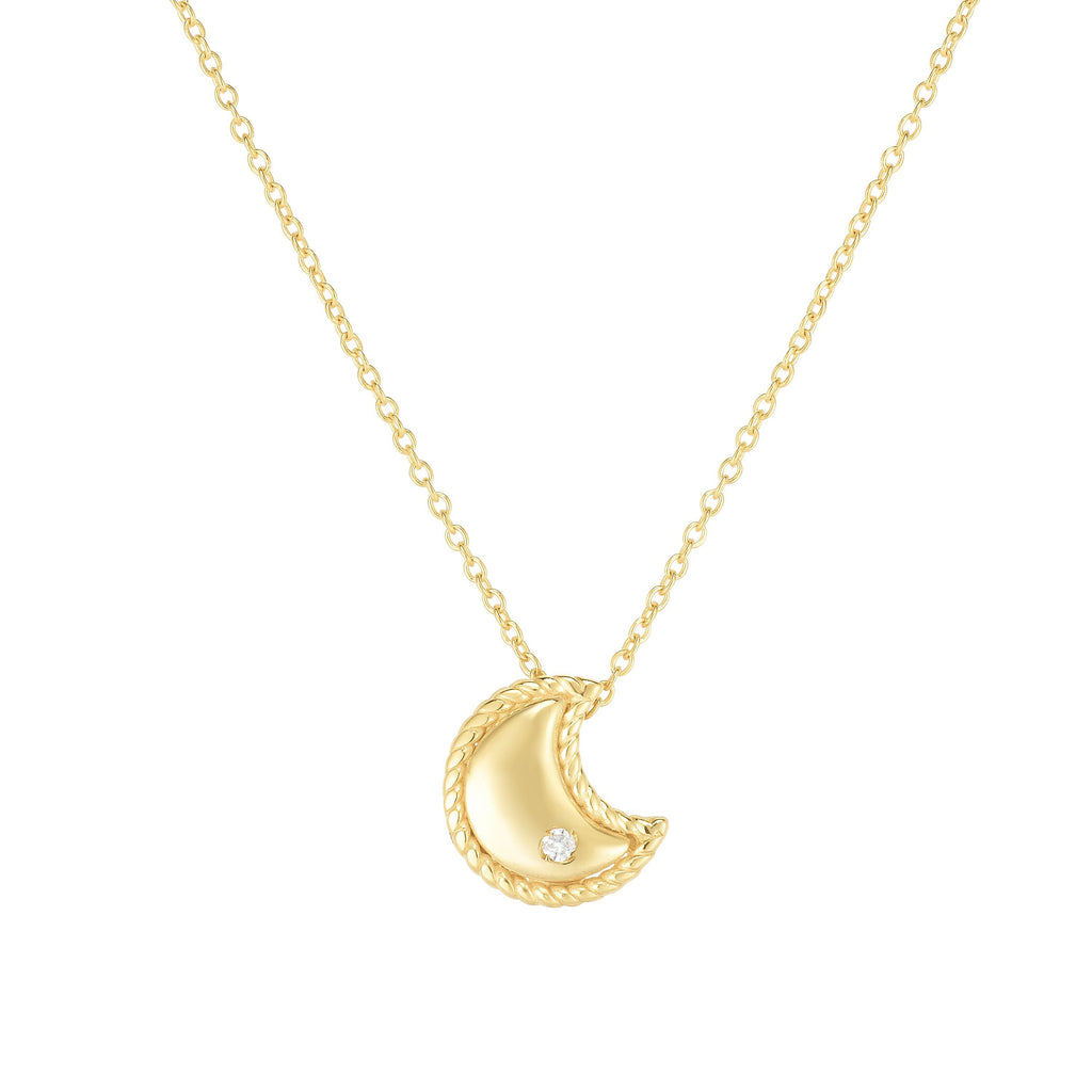 14kt Gold 18 inches Yellow Finish 9x8mm(CE),0.8mm(Ch) Polished 2 inches Extender Moon Necklace with Lobster Clasp with 0.0100ct 1.3mm White Diamond (5688348835995)