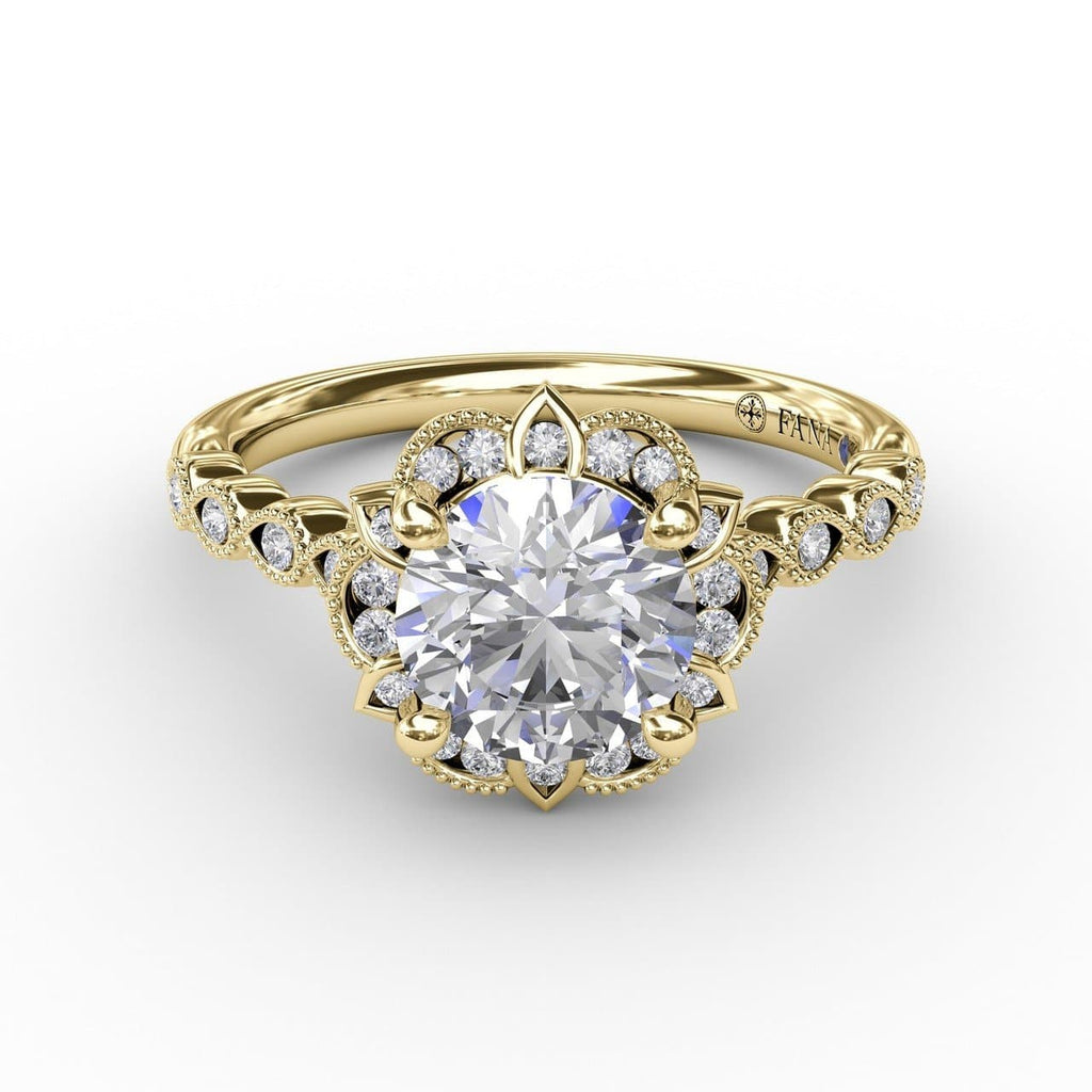 Round Diamond Engagement With Floral Halo and Milgrain Details (5552784736411)