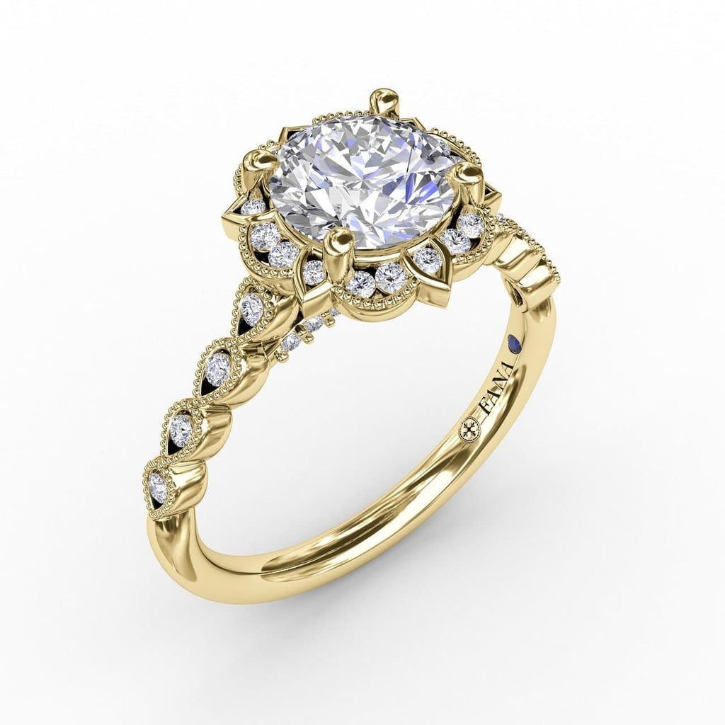 Round Diamond Engagement With Floral Halo and Milgrain Details (5552784736411)