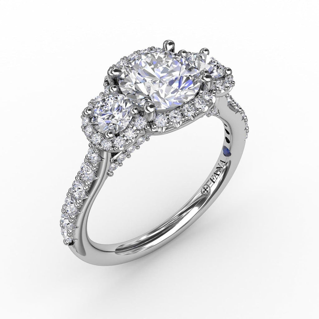 Three-Stone Round Diamond Halo Engagement Ring (5552782966939)