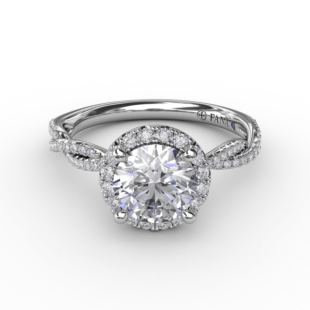 Round Brilliant Cut Halo Diamond Engagement Ring, Bezel Set Centre in a  Rolled Bead Set Halo on Straight Flat Band with Open Undersetting.