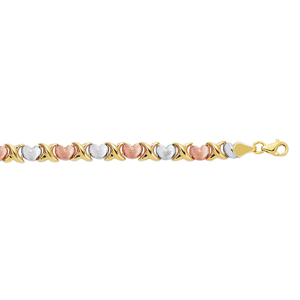 14kt 7.25 inches Yellow+White+Rose Gold Textured Shiny Tri Color Hugs+Kisses Bracelet with Pear Shape Clasp (5688362041499)