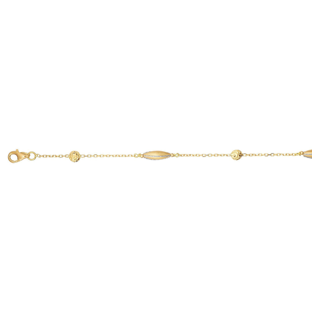 14kt 7.5 Yellow+White Gold Shiny+Diamond Cut Fancy 2-Marquise Shape+3-Bead Element Anchored on Cable Chain Bracelet with Lobster Clasp (5688359583899)