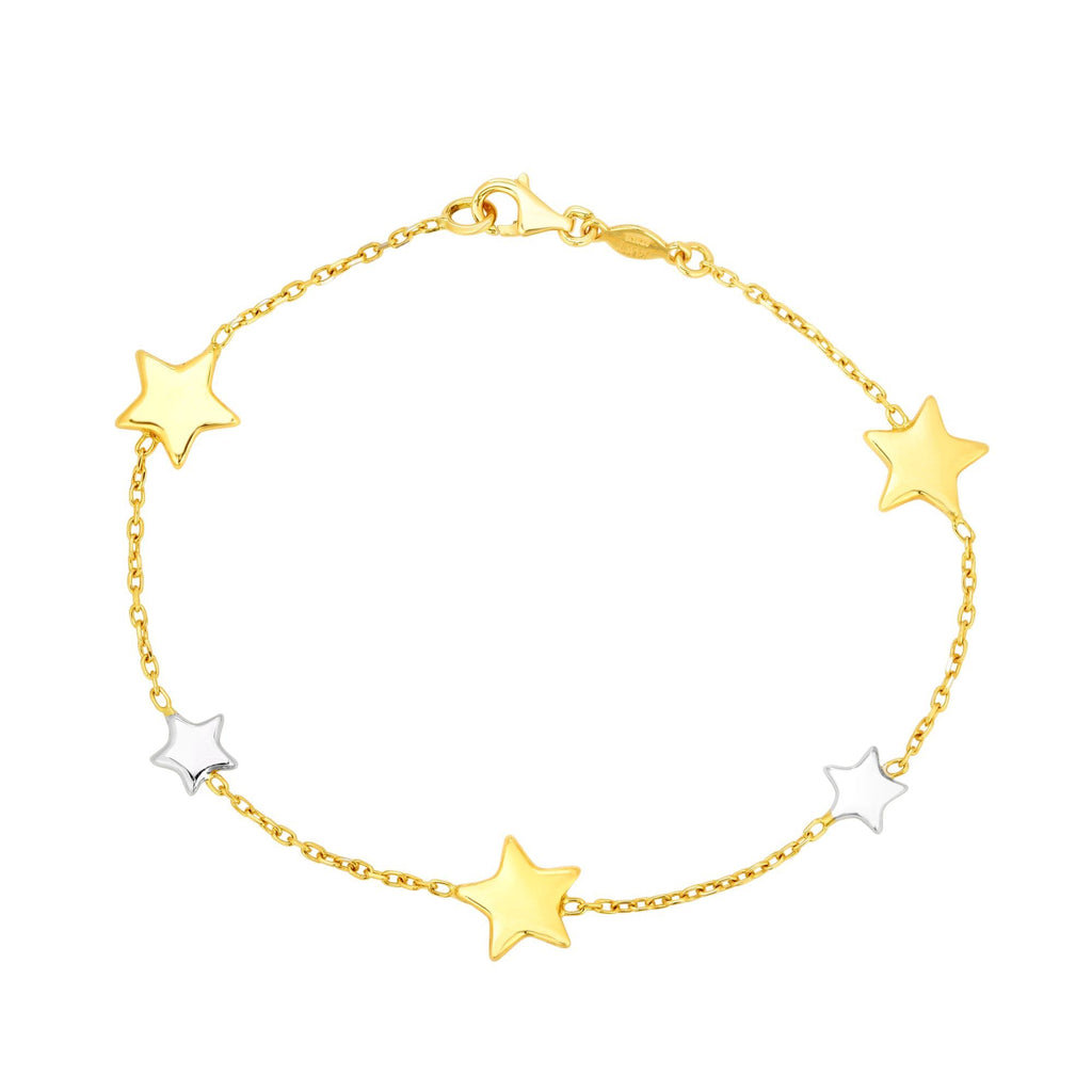 14kt Gold 7.5 inches Yellow+White Rhodium Finish 9.6mm Shiny Star Star Stationed Bracelet with Lobster Clasp (5688359026843)