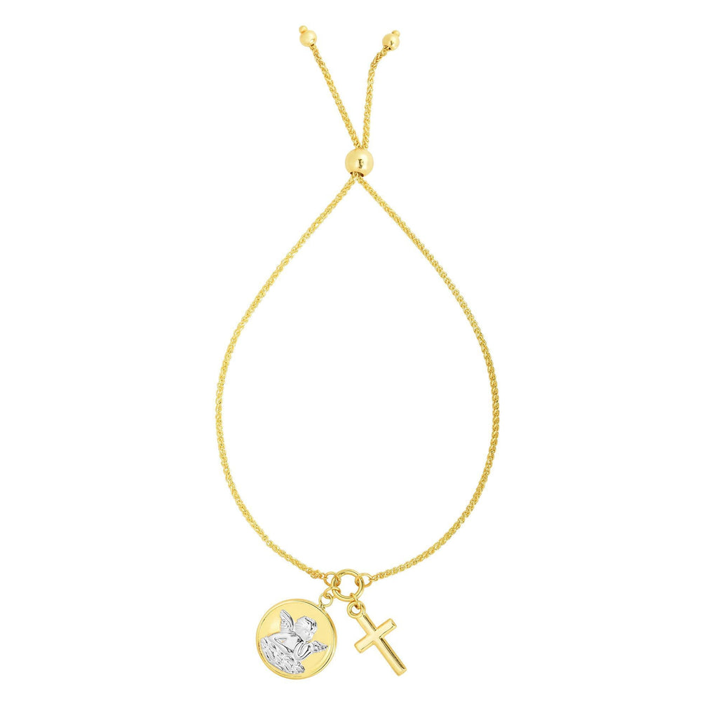 14kt Gold 9.25 inches Yellow+White Finish Chain:1mm+Pendant:20x14mm Shiny Cross Adjustable Friendship Bracelet with Draw String Clasp (5688358764699)