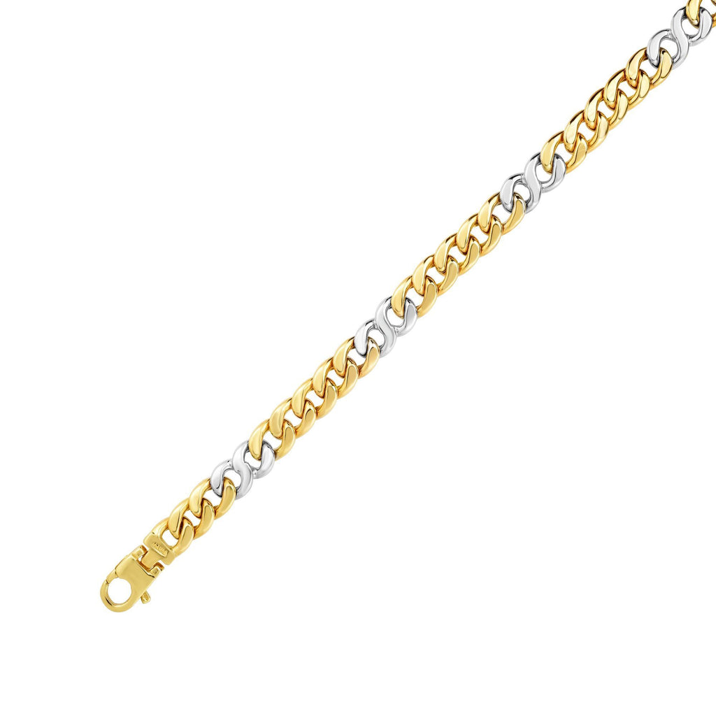 14kt Gold 8.5 inches Yellow+White Finish 7mm Shiny Oval Bracelet with Lobster Clasp (5688358568091)
